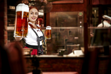 Young slim woman in bavarian clothes and her small business of bar 