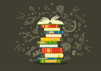 Stack of colorful books with education sketches. Studying vector illustration.