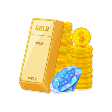 Gold Bullion, Coins, And Diamond. Wealth, Savings Concept