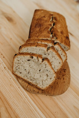 Time to eat. Close-up of sliced banana bread on a desk in the kitchen. Tasty food. Delicious eats. Healthy life