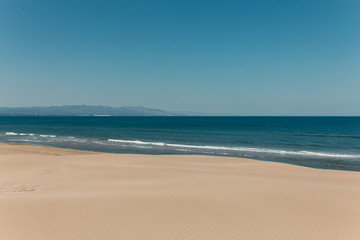 Fototapeta na wymiar Imagen de paisaje soleado con dunas de arena y mar de fondo en cielo azul capturadas en Delta del Ebro en Cataluña