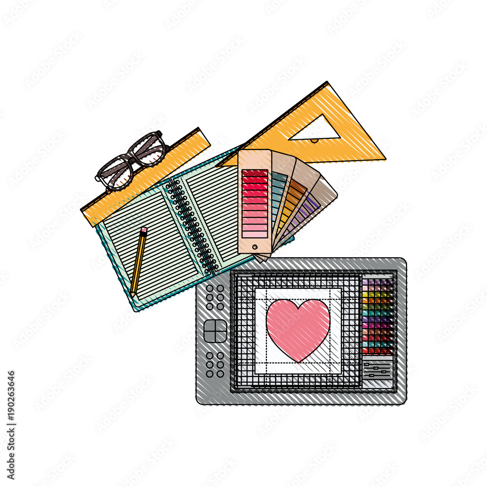 Sticker notebook and design tools and tablet digitizer in colored crayon silhouette vector illustration