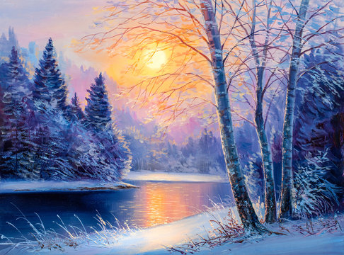 painting  of beautiful winter landscape