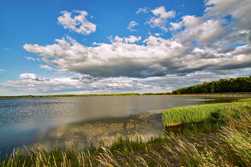 Jezioro Świerklaniec, Polska - zbiornik wodny wśród zielonych traw, nad nim wiszące finezyjne chmury © Wojciech