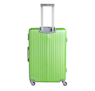 Green suitcase isolated on white background. Polycarbonate suitcase isolated on white. Green suitcase.
