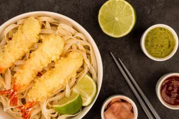 Japanese Style Deep Fried Prawn Tempura With Noodles and Lime