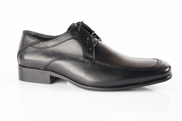Male black leather elegant shoe on white background, isolated product, comfortable footwear.