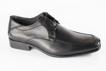 Male black leather elegant shoe on white background, isolated product, comfortable footwear.