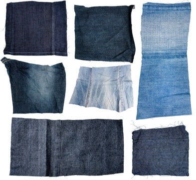Collection of blue jeans fabric pieces