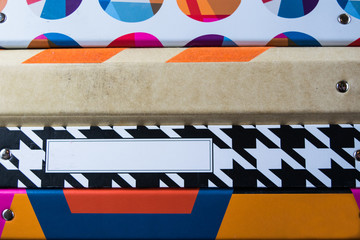 Closeup view of colorful and patterned binders