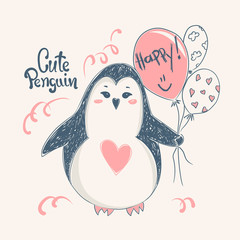 cute penguin. Vector print design for kid t-shirts,dress or greeting cards.