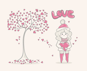 Cute cartoon Girl and tree with hearts, character design, fashion graphic