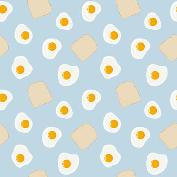 
Fried eggs and toast bread breakfast seamless pattern. Fresh toasted bread and fried eggs. Yummy breakfast. Vector hand drawn illustration seamless pattern.