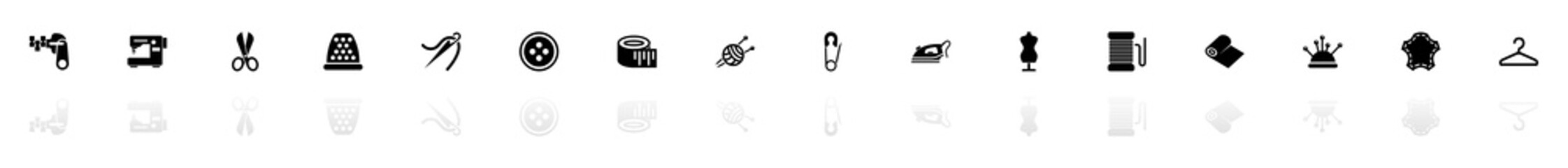 Tailoring icons - Black horizontal Illustration symbol on White Background with a mirror Shadow reflection. Flat Vector Icon.