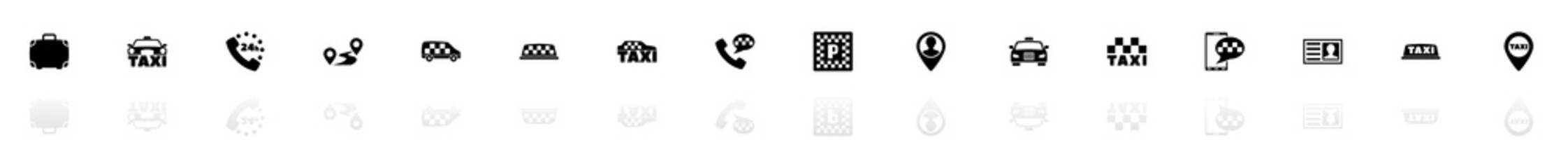 Taxi icons - Black horizontal Illustration symbol on White Background with a mirror Shadow reflection. Flat Vector Icon.
