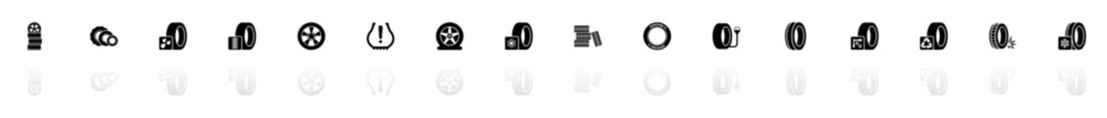Tires icons - Black horizontal Illustration symbol on White Background with a mirror Shadow reflection. Flat Vector Icon. - obrazy, fototapety, plakaty
