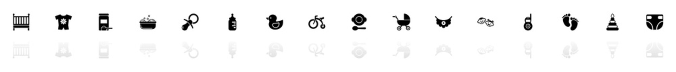 Baby icons - Black horizontal Illustration symbol on White Background with a mirror Shadow reflection. Flat Vector Icon.