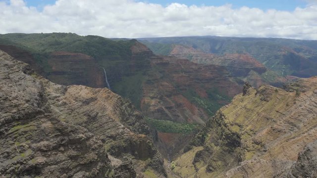 Zooming in view of Waimea Canyon and Waipoo Falls on Kauai, Hawaii.