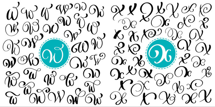 Set of Hand drawn vector calligraphy letter W, X. Script font. Isolated letters written with ink. Handwritten brush style. Hand lettering for logos packaging design poster