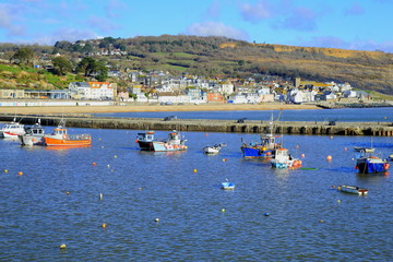 Boats moored in Lyme Regis Harbour, Dorset