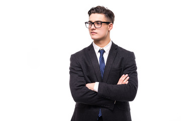 Businessman with crossed hands on white background