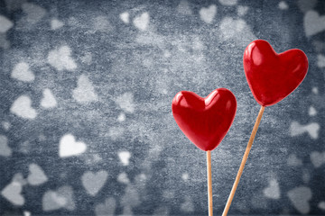 Two red hearts on grey background. Valentines Day concept. Holiday background. Copy space