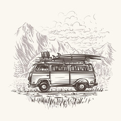 Old retro travel bus illustration. Vector. eps10.
