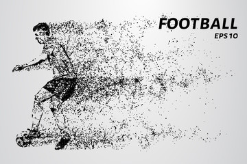 Fototapeta na wymiar Football of the particles carries in the wind. Silhouette of a football player from circles.