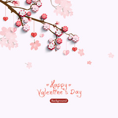 Valentines card with decorative paper hearts and pink flowers on sakura branch. Vector illustration love creative concept - 190275283