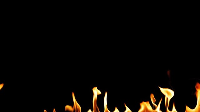 Fire Flames Igniting And Burning - Slow Motion. A line of real flames ignite on a black background. Will look great in any fire or grill project. Real fire. Transparent background. PNG + Alpha
