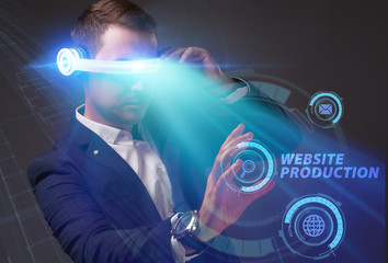 Business, Technology, Internet and network concept. Young businessman working on a virtual screen of the future and sees the inscription: Website production
