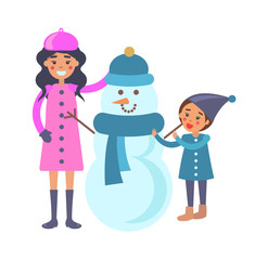 Mother and Child Makes Snowman Vector Illustration