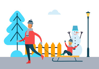 Father Carrying Child on Sleigh Son and Dad Vector