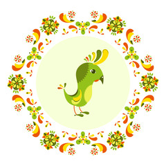 Element for design. Cartoon bird surrounded by a colorful pattern of flowers. Vector illustration