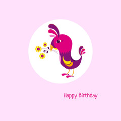 Cartoon birthday card with cute bird and bouquet. Vector illustration