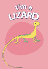 Cute cartoon style lizard with title above, on colorful background