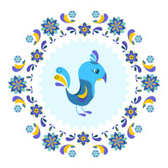 Element for design. Cartoon bird surrounded by a colorful pattern of flowers. Vector illustration