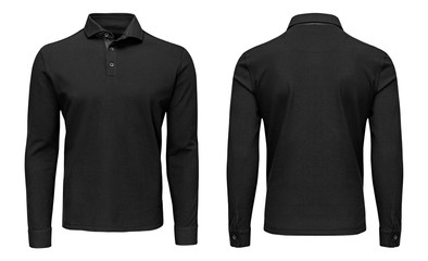 Blank template mens black polo shirt long sleeve, front and back view, isolated white background. Design sweatshirt mockup for print.