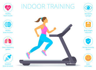 Beautiful caucasian woman is running on the treadmill. Flat vector illustration of athletic young girl in the sportswear doing exercises on the treadmill. Indoor fitness concept isolated on white.