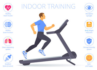 Strong caucasian man is running on the treadmill. Flat vector illustration of athletic adult boy in the sportswear doing exercises on the treadmill. Indoor training concept isolated on white.