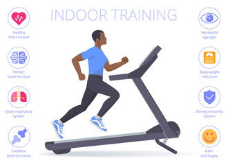 Strong black man is running on the treadmill. Flat vector illustration of athletic adult boy in the sportswear doing exercise on the treadmill. Indoor training concept isolated on white.