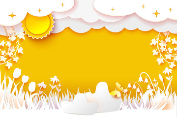 Flowering meadow. Grass and flowers carved from white paper on a yellow background. Paper Cut out art. Sun, clouds on sky. Vector illustration banner
