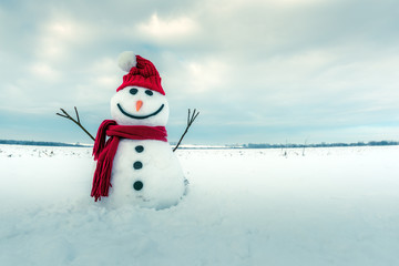 Funny snowman in stylish hat and red scalf on snowy field. Merry Christmass and happy New Year!