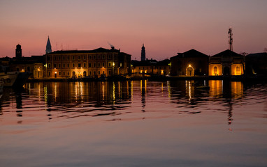 Fototapeta na wymiar Twilight view on the naval arsenal of Venice, italy.