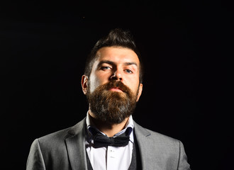 Man with long beard and bow tie. Macho in suit