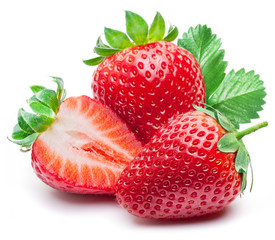 Fototapeta Three strawberries with strawberry leaf on white background. obraz