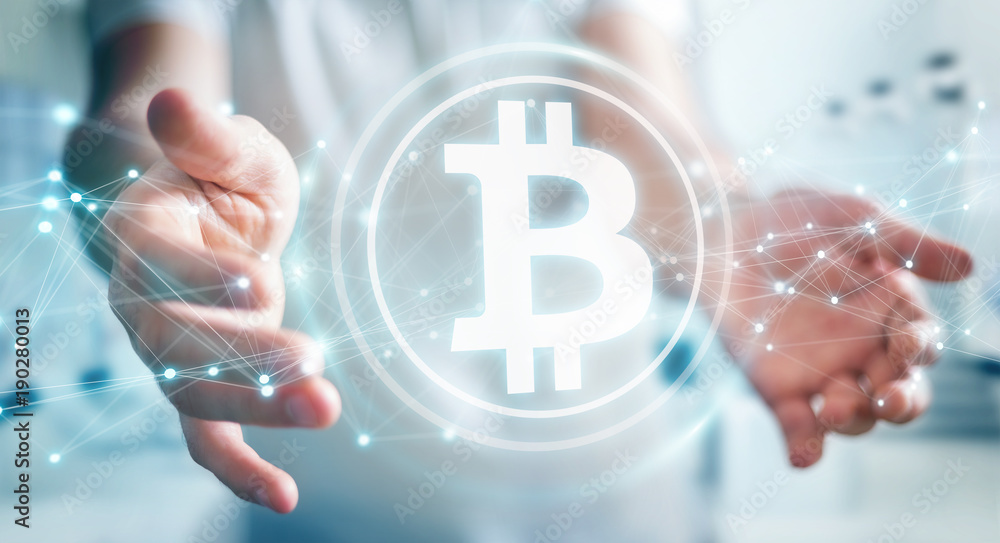 Poster businessman using bitcoins cryptocurrency 3d rendering