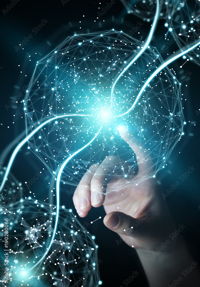Aufkleber businesswoman using digital network connection sphere 3d rendering