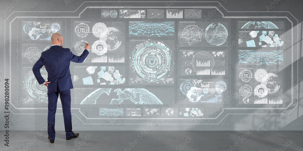Poster Businessman using graph screens interface on a wall 3D rendering