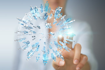 Businesswoman holding and touching 3D rendering group of blue people